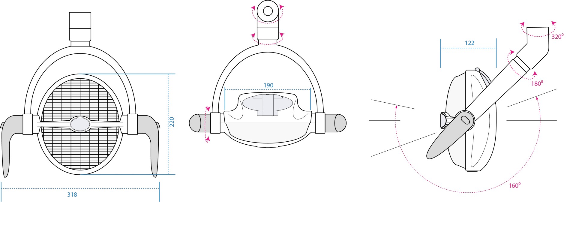 Dimensions and Angles of Rotation on the Daray Excel Upgrade Kit