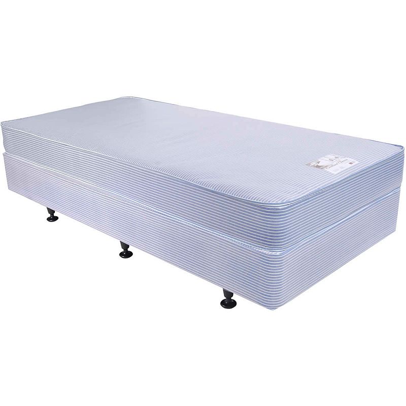 a low bed frame with a mattress on top
