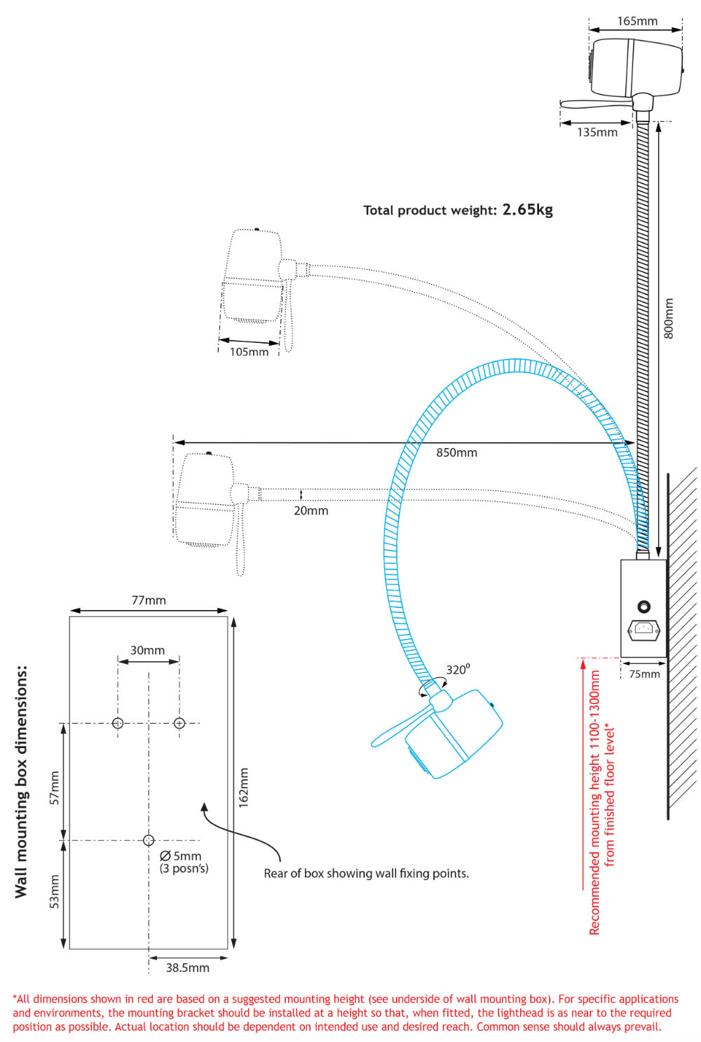 Dimensions of the X210 Medical Light