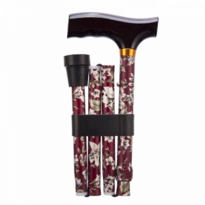 Burgundy Flower Pattern Folding Walking Stick - MedicalSupplies.co.uk