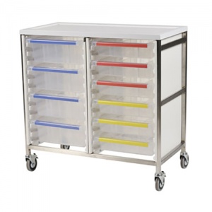 Bristol Maid Double-Column 950mm High Procedure Trolley with 5 Small and 4 Large Trays