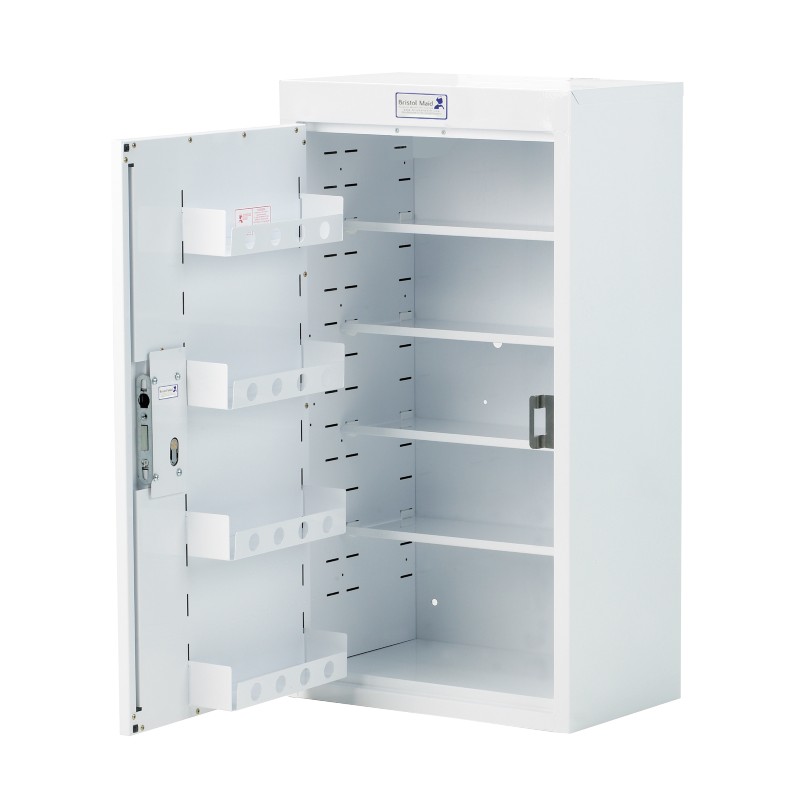 Bristol Maid 600 x 300 x 900mm Single Door Drug and Medicine Cabinet with 4 Narrow Shelves 4 Door Shelves and Right Side Opening Door