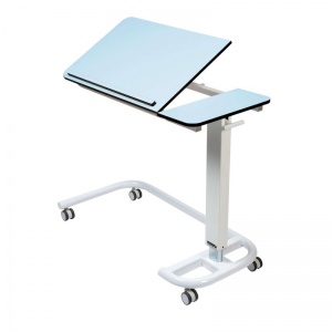 Sunflower Medical Blue Over Bed Table with C-Shaped Base and Compact Grade Laminate Tilting Top with 1 Raised Lip