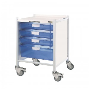 Sunflower Medical Vista 40 Low Level Storage Trolley with One Double-Depth and Three Single-Depth Blue Trays
