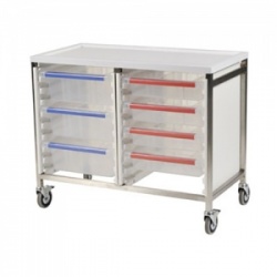 Bristol Maid Low-Level Double-Column 785mm High Procedure Trolley with 4 Small Trays and 3 Large Trays