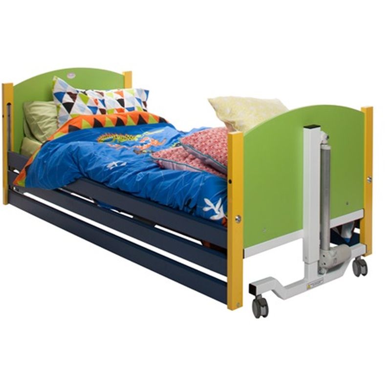 a green, blue, and yellow children's bed