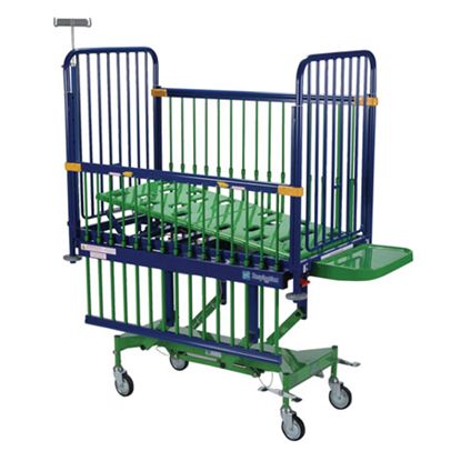 a blue and green cot with wheels and a mattress platform positioned at an angle
